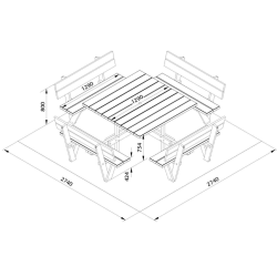 PALMAKO ARTHUR drveni stol + drvene klupe okolo, 274 x 274 cm
