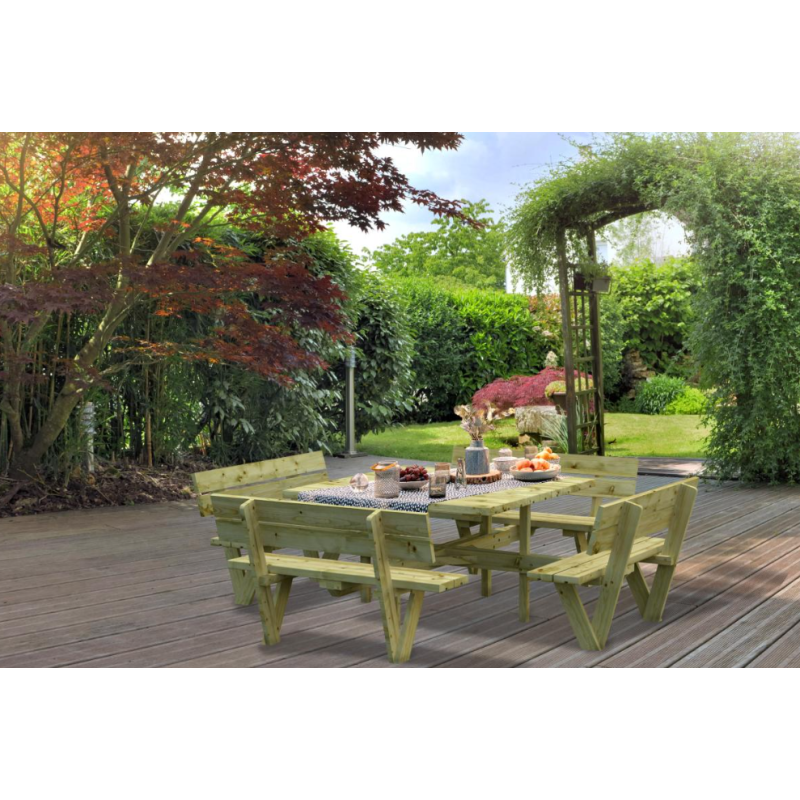 PALMAKO ARTHUR drveni stol + drvene klupe okolo, 274 x 274 cm