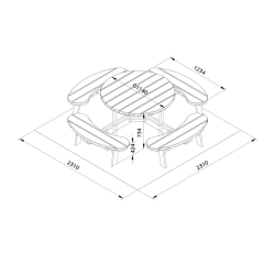 PALMAKO OSCAR drveni stol + drvene klupe okolo, 231 x 231 cm