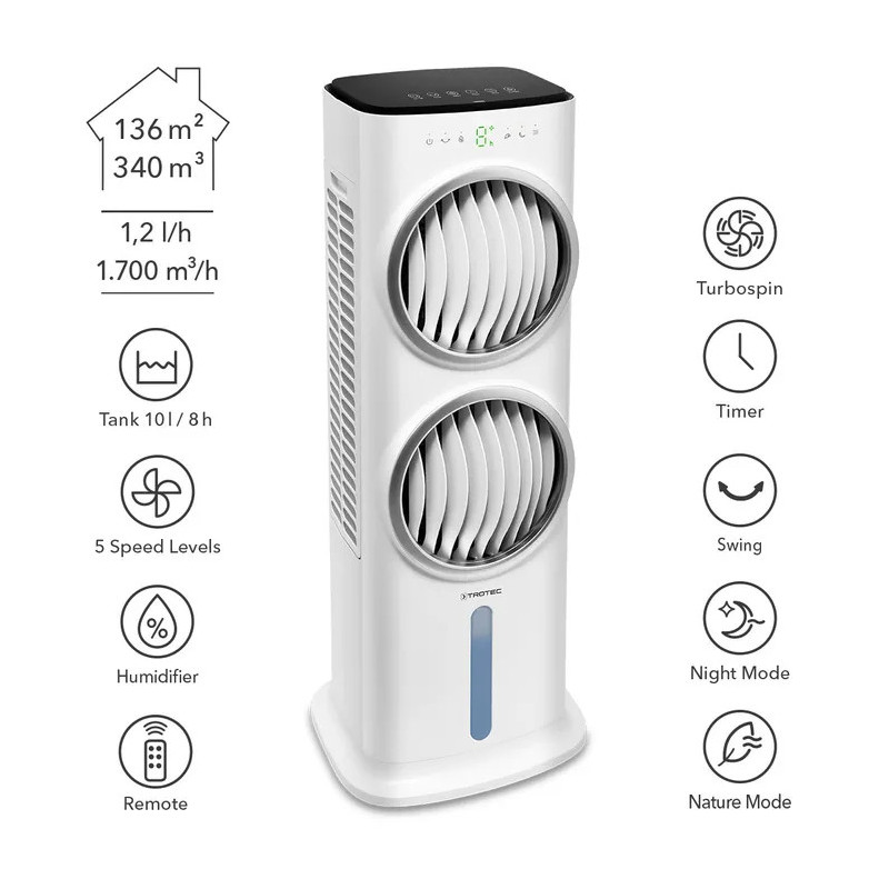 TROTEC PAE 45, Aircooler, hlađenje, ovlaživanje zraka, ventilatorsko hlađenje, 3 u 1, do 136 m2