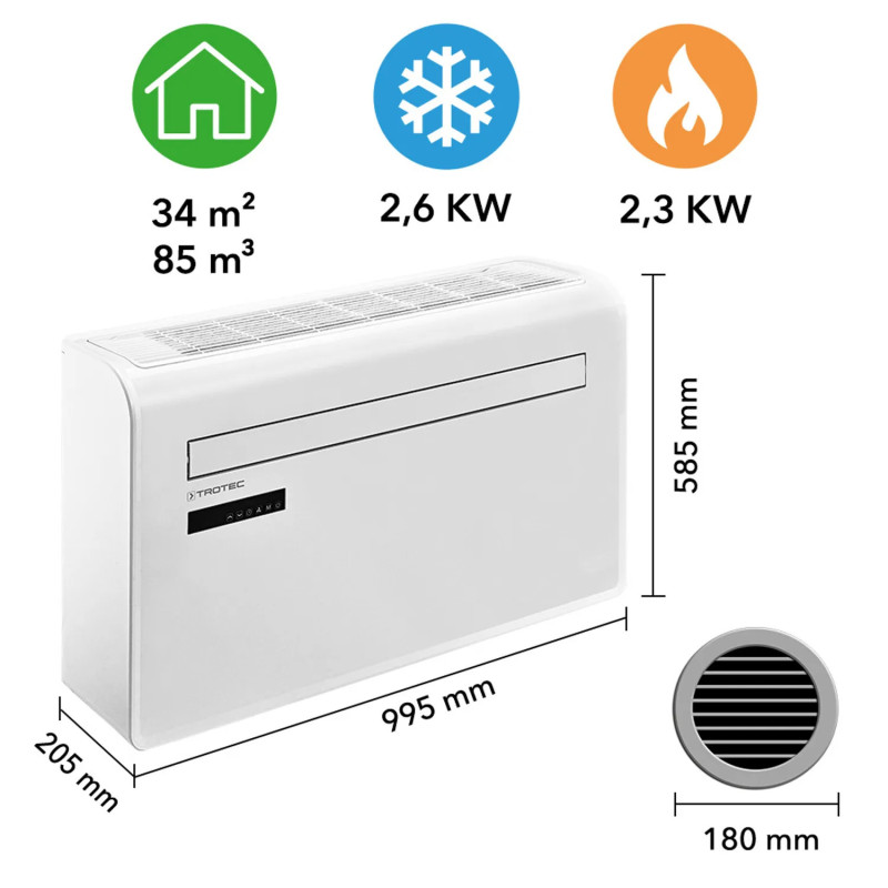 TROTEC PAC-W 2650 SH zidni klimni uređaj s funkcijom hlađenja i grijanja, WiFi-jem, do 34 m2