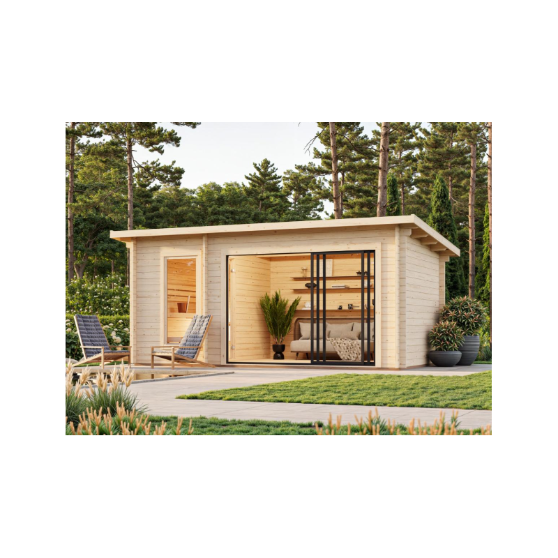 PALMAKO SANNA drvena sauna sa aluminijskim kliznim vratima , 12.80 m2, prirodno neobrađeno drvo0