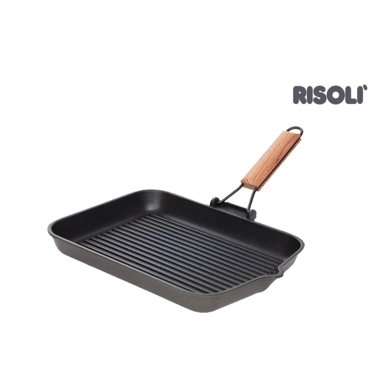 RISOLI SAPORELLA PRAVOKUTNA GRILL TAVA SA SKLOPIVOM DRVENOM RUČKOM 36×26 CM