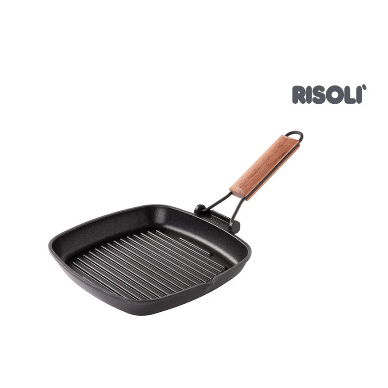 RISOLI SAPORELLA KVADRATNA GRILL TAVA SA SKLOPIVOM DRVENOM RUČKOM 26×26 CM, i za INDUKCIJU