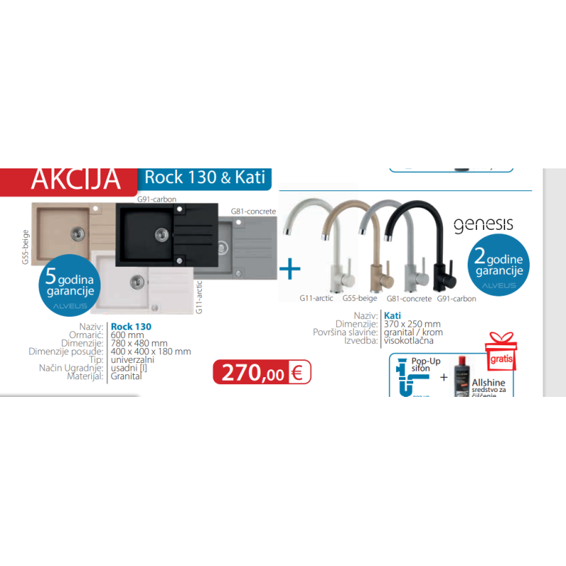 ALVEUS Rock 130 + Kati, sudoper granital + slavina, za element od 60  cm širine
